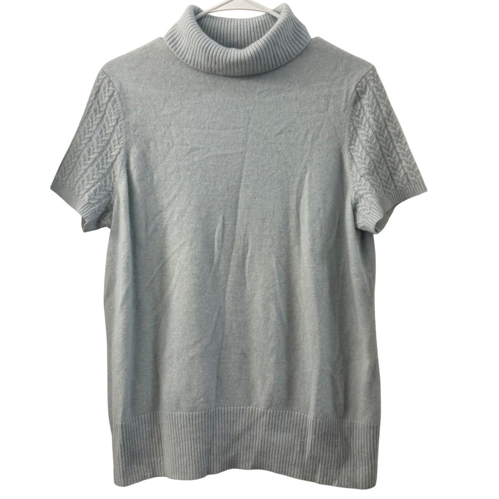 Precious Fibers Vintage Cashmere Short Sleeve Turtleneck Sweater Blue Cable Knit